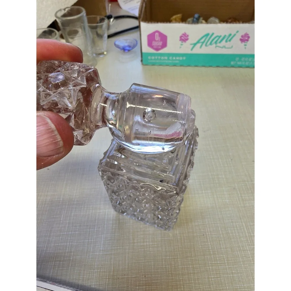 Vintage Clear Pressed Glass Square Decanter Starburst Diamond Pattern Stopper
